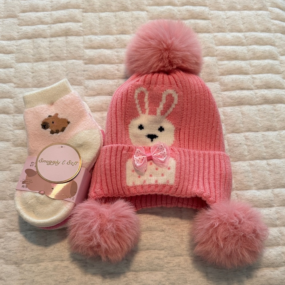 Pink Bunny Pom Pom Knit Hat and Capybara Socks